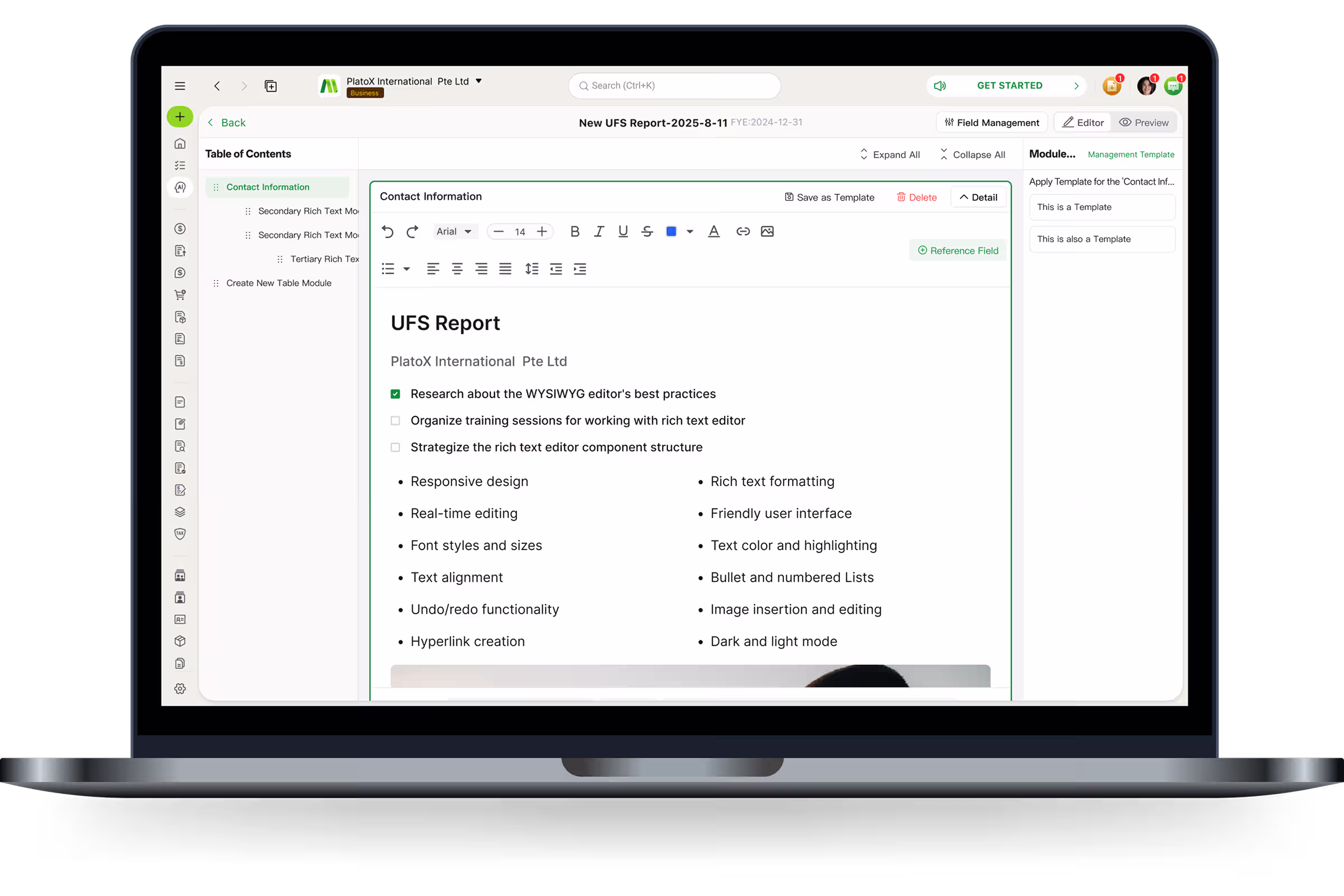This image shows a laptop displaying ccMonet’s platform with a detailed “UFS Report”for PlatoX International Pte Ltd. It highlights our tool’s capability to create structured financial documents, aligning with our AI - powered bookkeeping, reconciliation, and expert services (tax compliance, business registration) that ensure accuracy, efficiency, and regulatory adherence for SMEs.