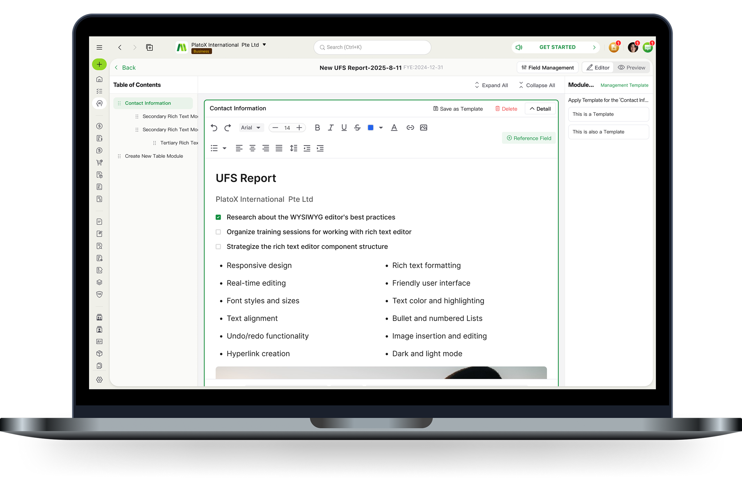 This image shows a laptop displaying ccMonet’s platform with a detailed “UFS Report” for PlatoX International Pte Ltd. It highlights our tool’s capability to create structured financial documents, aligning with our AI - powered bookkeeping, reconciliation, and expert services (tax compliance, business registration) that ensure accuracy, efficiency, and regulatory adherence for SMEs.