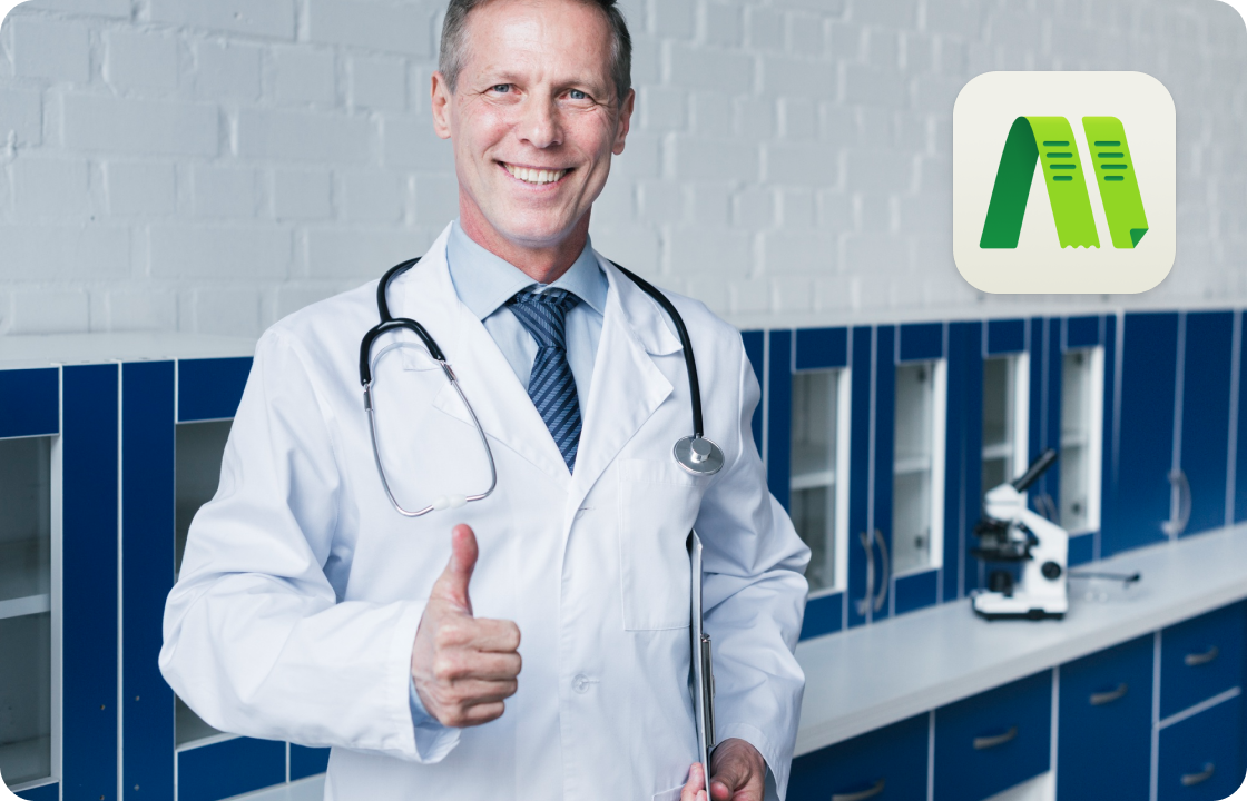 A doctor in a white coat gives a thumbs - up, with ccMonet’s app icon. It represents healthcare - industry SMEs. Our AI - powered financial tools (bookkeeping, dashboards) and expert services (compliance, tax support) help medical businesses manage finances efficiently and stay compliant.