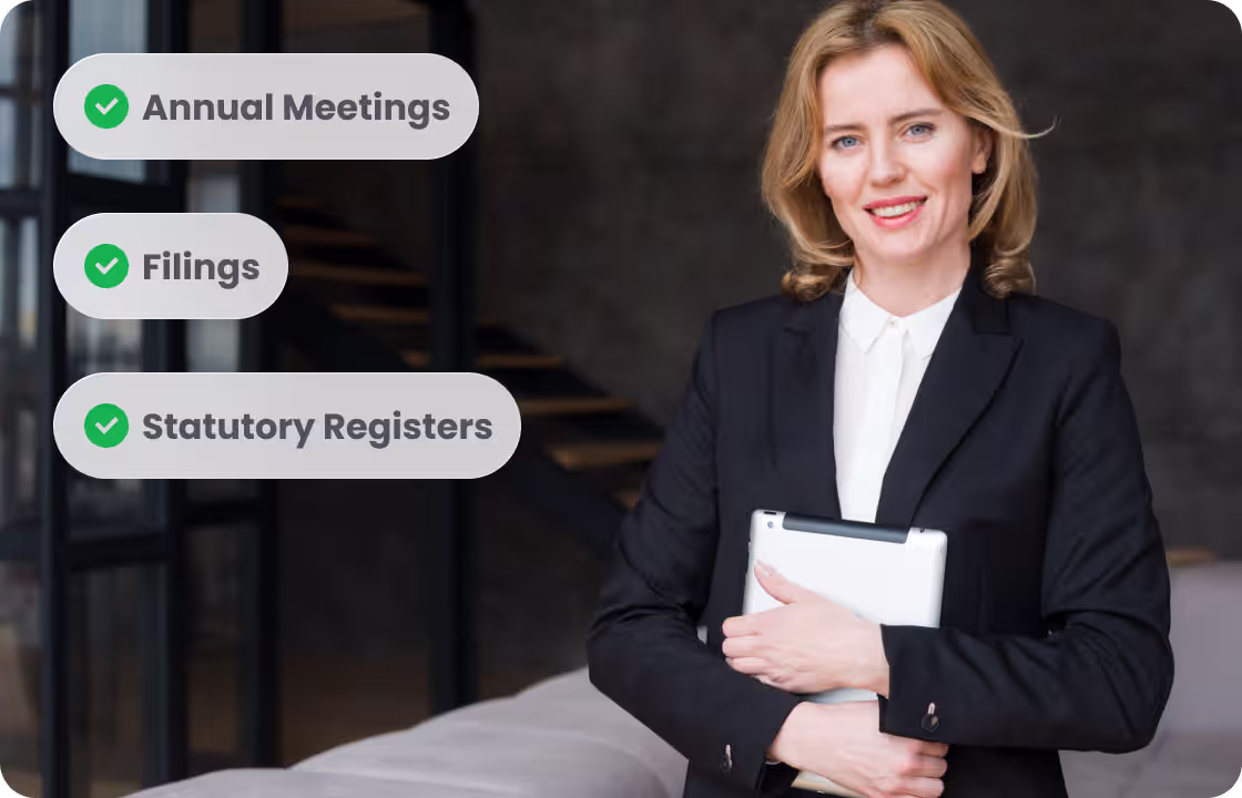 A woman in a business suit holds a tablet, with tags like “Annual Meetings,”“Filings,”“Statutory Registers.”It shows ccMonet’s expert services—our team (including secretary experts) supports SMEs with compliance tasks, alongside AI - powered financial tools for efficient finance management.