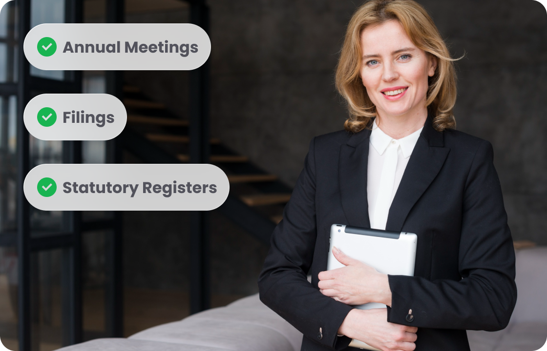 A woman in a business suit holds a tablet, with tags like “Annual Meetings,” “Filings,” “Statutory Registers.” It shows ccMonet’s expert services—our team (including secretary experts) supports SMEs with compliance tasks, alongside AI - powered financial tools for efficient finance management.