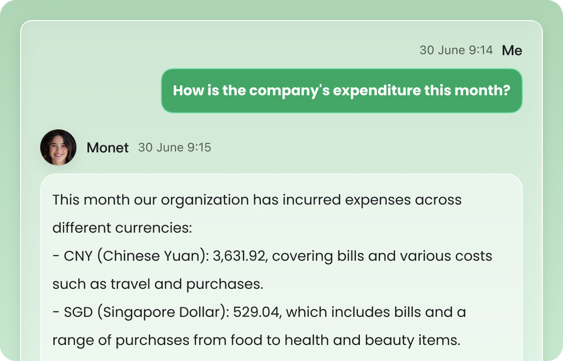 This is a chat screenshot. A user asks “How is the company's expenditure this month?”, and “Monet” (representing ccMonet’s AI) replies with detailed monthly spending across currencies. It shows ccMonet’s real - time AI Q&A feature, helping SMEs track multi - currency expenses, part of our AI - powered financial management tools (including bookkeeping, dashboards) and expert - backed services.