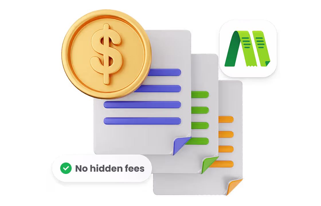 This image features stacked documents with colored lines, a gold dollar coin, the ccMonet logo, and “No hidden fees”text. It visually communicates ccMonet’s transparent pricing for AI - powered financial tools (bookkeeping, dashboards) and services (expert support for tax, business registration) for SMEs.