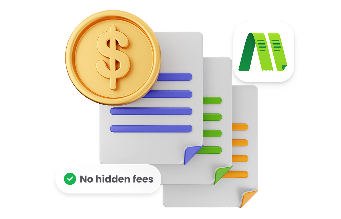 This image features stacked documents with colored lines, a gold dollar coin, the ccMonet logo, and “No hidden fees” text. It visually communicates ccMonet’s transparent pricing for AI - powered financial tools (bookkeeping, dashboards) and services (expert support for tax, business registration) for SMEs.