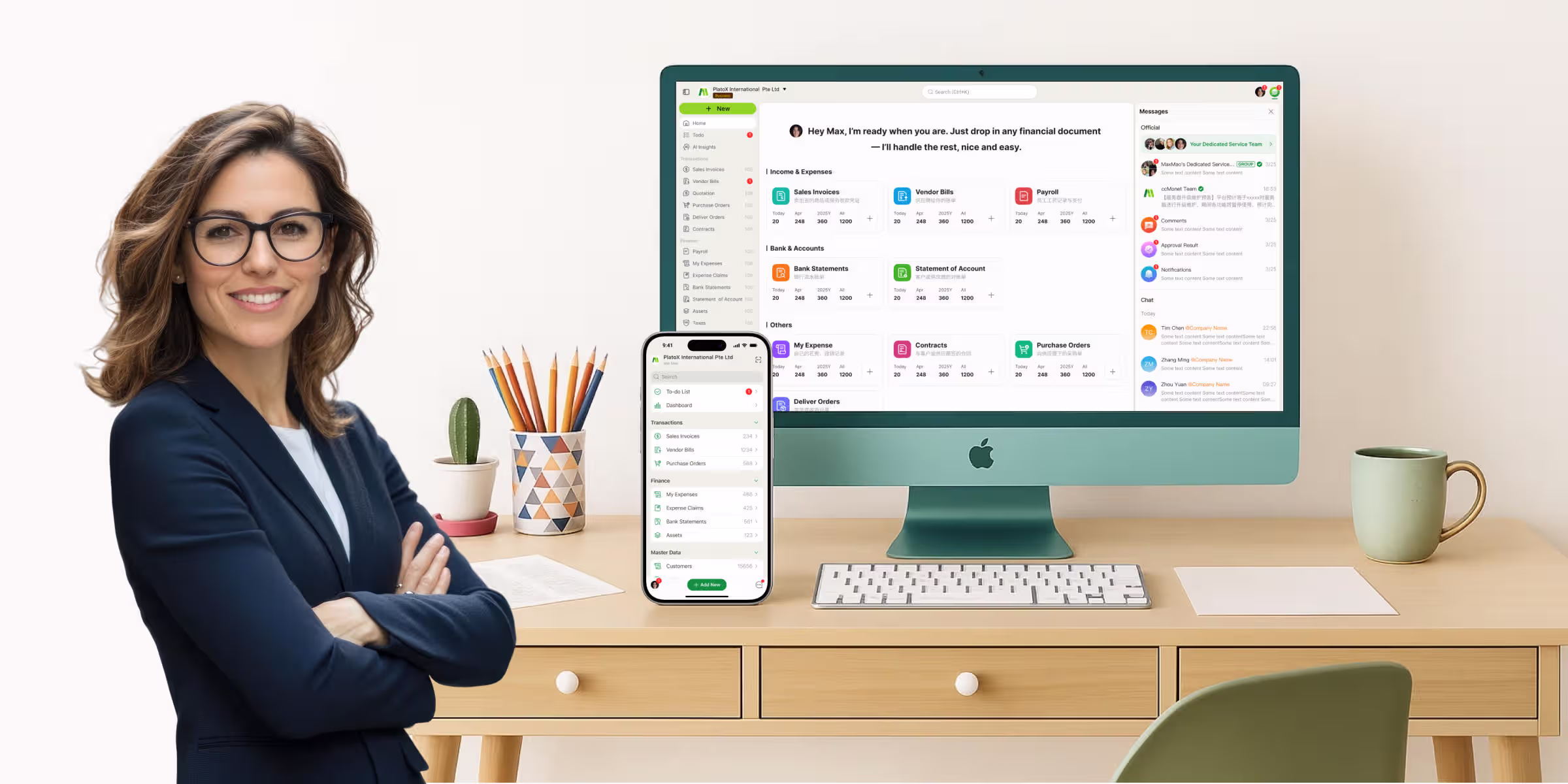 A woman in a suit stands by a desk with a computer and phone showing ccMonet’s platform. It displays AI - powered financial tools (bookkeeping, dashboards) for managing docs like invoices. Backed by experts (tax compliance, business setup), it supports SMEs”efficient financial workflows....