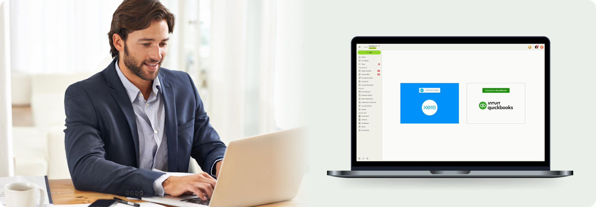 A man in a suit works on a laptop, with a screen showing ccMonet’s software integrating with Xero and QuickBooks. He represents our experts, using AI - powered tools to help SMEs manage finances, ensure data accuracy, and streamline workflows, backed by tax compliance and business support services.