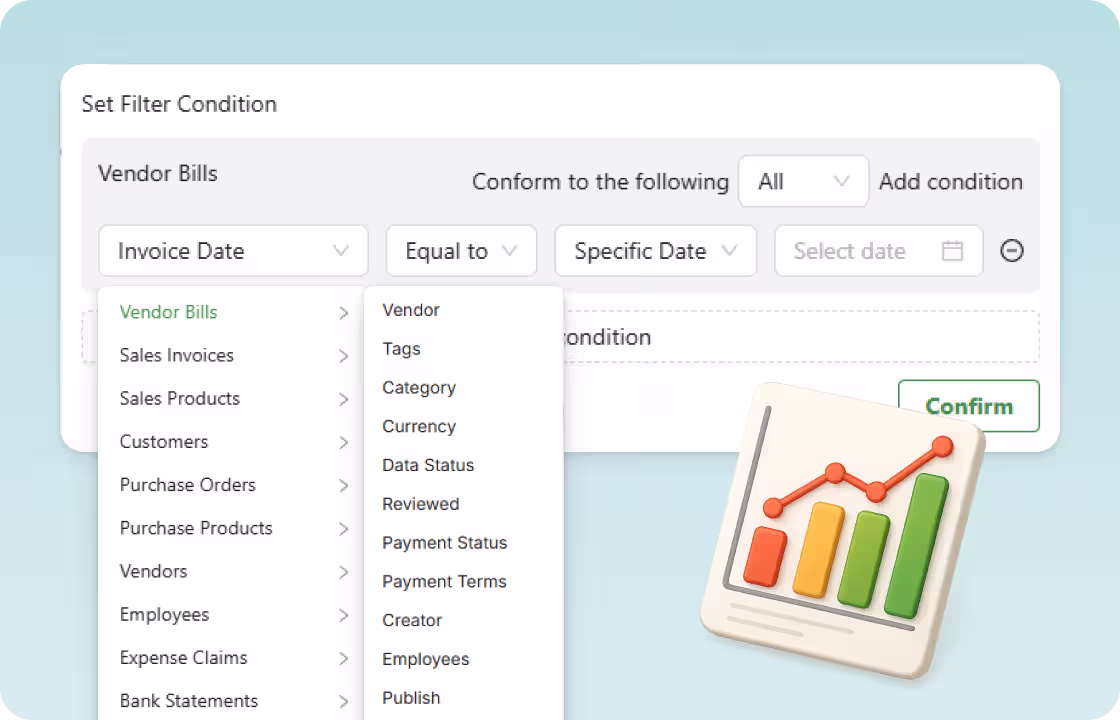The image shows ccMonet’s filter - setting interface for financial data (like vendor bills, invoices). It highlights AI - powered tools to customize financial - management workflows. Backed by experts (ensuring compliance, accuracy), it helps SMEs efficiently organize and analyze financial info....