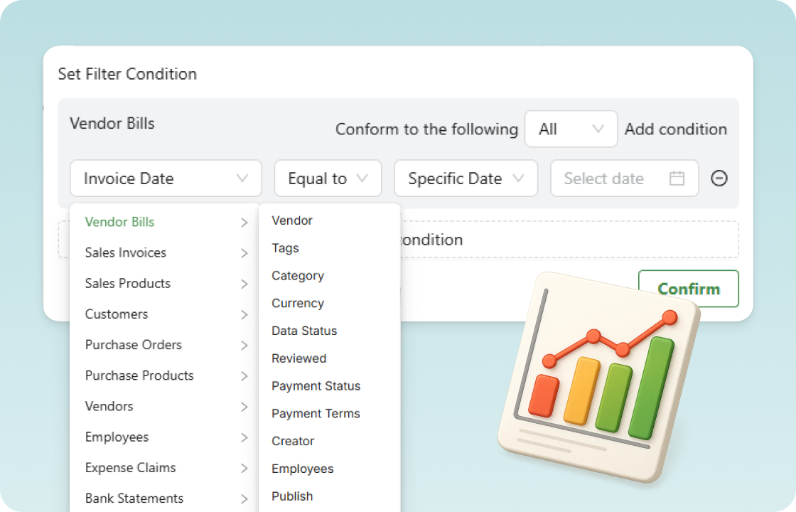 The image shows ccMonet’s filter - setting interface for financial data (like vendor bills, invoices). It highlights AI - powered tools to customize financial - management workflows. Backed by experts (ensuring compliance, accuracy), it helps SMEs efficiently organize and analyze financial info....