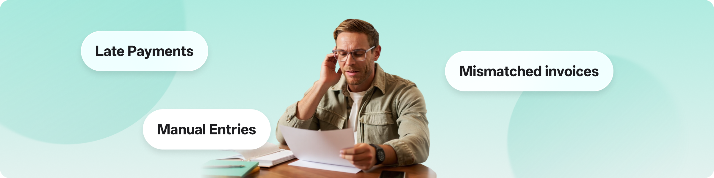 A man at a desk is troubled by “Late Payments,” “Vendor invoices that don’t match,” and “Manual data entry”—common financial pain points for SMEs. ccMonet’s AI - powered tools (automated bookkeeping, reconciliation) and expert services solve these issues, streamlining efficient, accurate financial workflows.