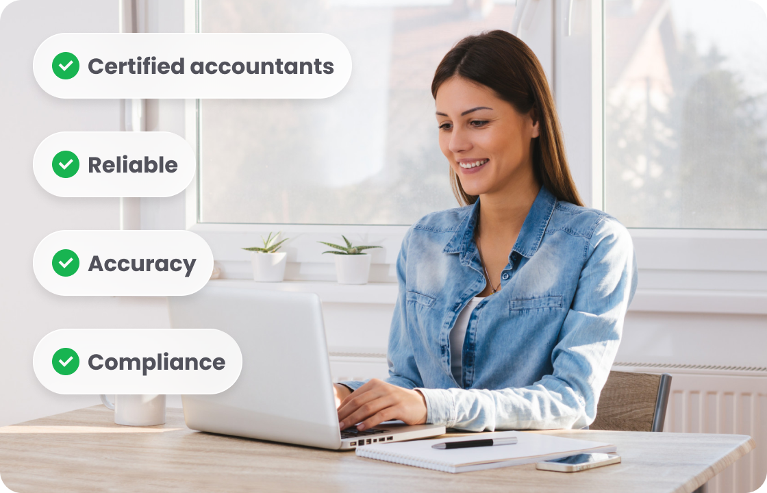 A woman works on a laptop, with tags like “Certified accountants,” “Reliable,” “Accuracy,” “Compliance.” It showcases ccMonet’s expert team—our certified accountants ensure financial accuracy and compliance, backed by AI - powered tools (bookkeeping, dashboards) to support SMEs’ financial management.