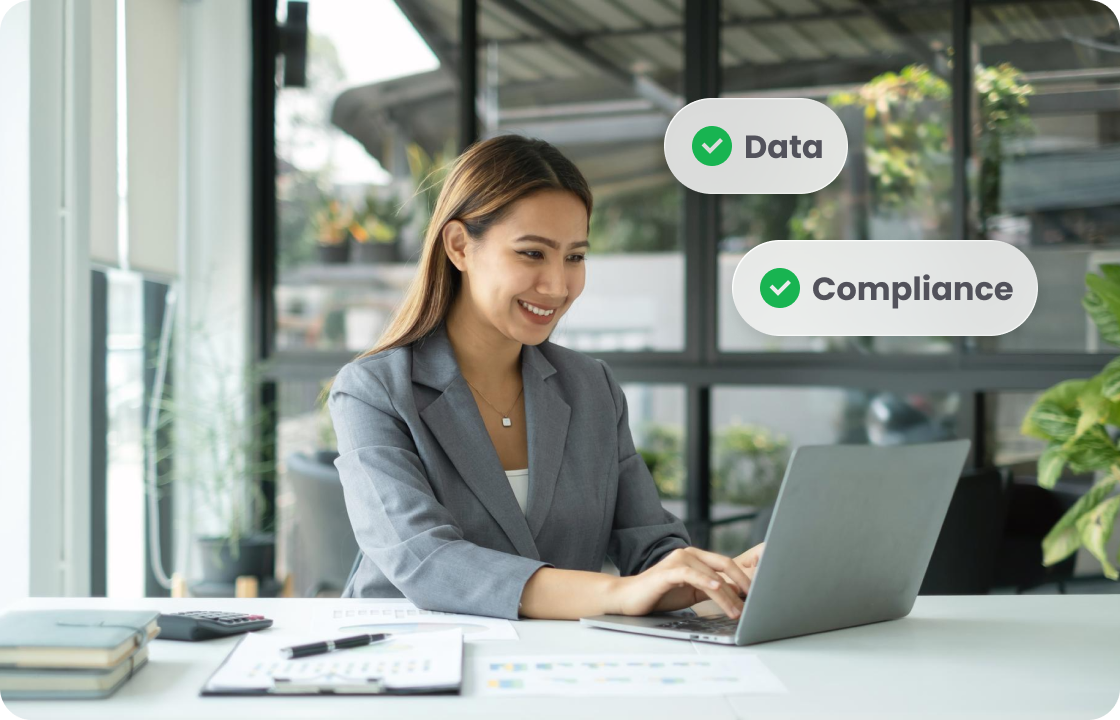 A woman in a suit works on a laptop, with “Data” and “Compliance” tags. It shows ccMonet’s experts ensure financial data accuracy and regulatory compliance. Backed by AI - powered tools (bookkeeping, dashboards), they support SMEs’ efficient, compliant financial management.
