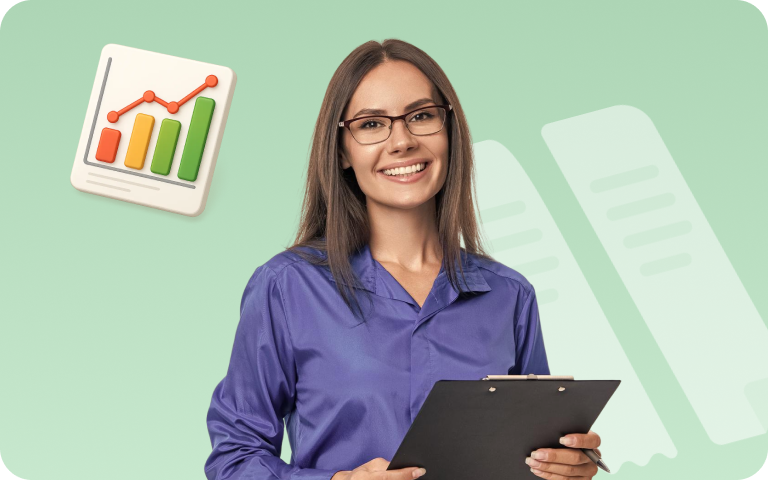 A woman in a purple shirt holds a clipboard, with a growth - chart icon. She represents ccMonet’s financial experts, using AI tools to help SMEs manage bookkeeping, dashboards, and ensure data accuracy and compliance.