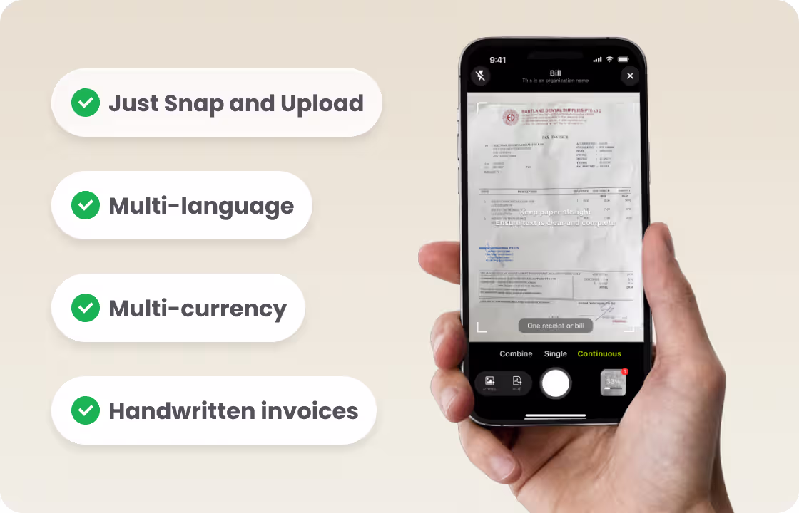 A hand uses a phone to scan a bill, with tags: “Just Snap and Upload,”“Multi - language,”“Multi - currency,”“Handwritten invoices.”It shows ccMonet’s AI - powered bill - scanning feature—simplifying invoice processing (even handwritten ones) for SMEs. Backed by experts (ensuring data accuracy, compliance), it streamlines financial workflows.