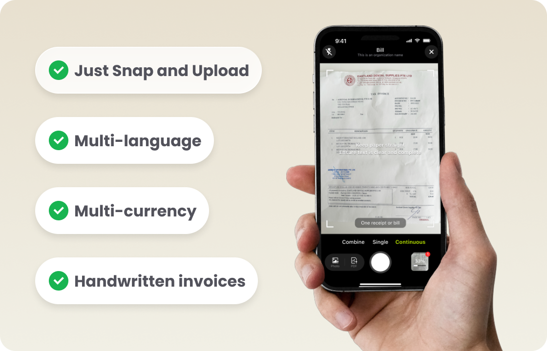 A hand uses a phone to scan a bill, with tags: “Just Snap and Upload,” “Multi - language,” “Multi - currency,” “Handwritten invoices.” It shows ccMonet’s AI - powered bill - scanning feature—simplifying invoice processing (even handwritten ones) for SMEs. Backed by experts (ensuring data accuracy, compliance), it streamlines financial workflows.