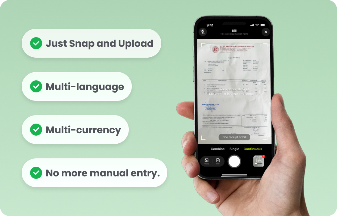 A hand uses a phone to scan a bill, with tags: “Just Snap and Upload,” “Multi - language,” “Multi - currency,” “No more manual entry.” It shows ccMonet’s AI - powered expense - management feature—simplifying bill processing for SMEs. Backed by experts (ensuring data accuracy, compliance), it streamlines financial workflows.