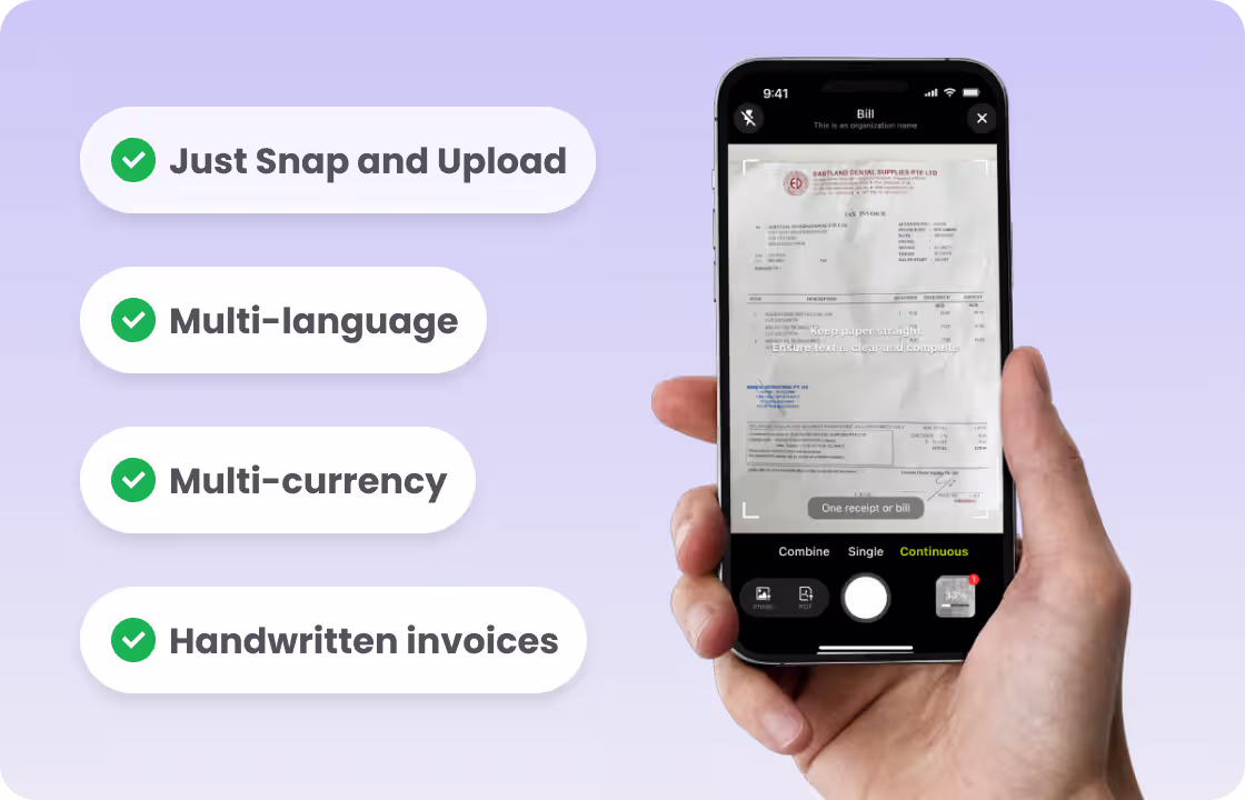 A hand uses a phone to scan a bill, with tags: “Just Snap and Upload,”“Multi - language,”“Multi - currency,”“Handwritten invoices.”It showcases ccMonet’s AI - powered bill - scanning feature, simplifying invoice processing (including handwritten ones) for SMEs. Backed by experts ensuring data accuracy and compliance, it streamlines financial workflows.