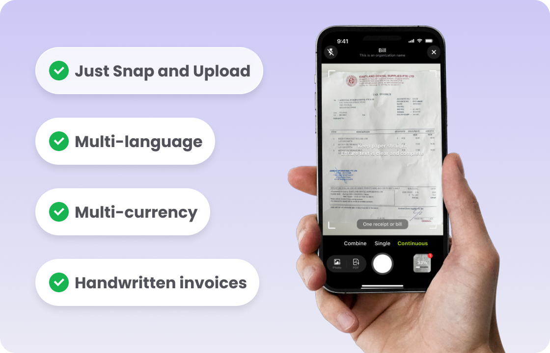 A hand uses a phone to scan a bill, with tags: “Just Snap and Upload,” “Multi - language,” “Multi - currency,” “Handwritten invoices.” It showcases ccMonet’s AI - powered bill - scanning feature, simplifying invoice processing (including handwritten ones) for SMEs. Backed by experts ensuring data accuracy and compliance, it streamlines financial workflows.