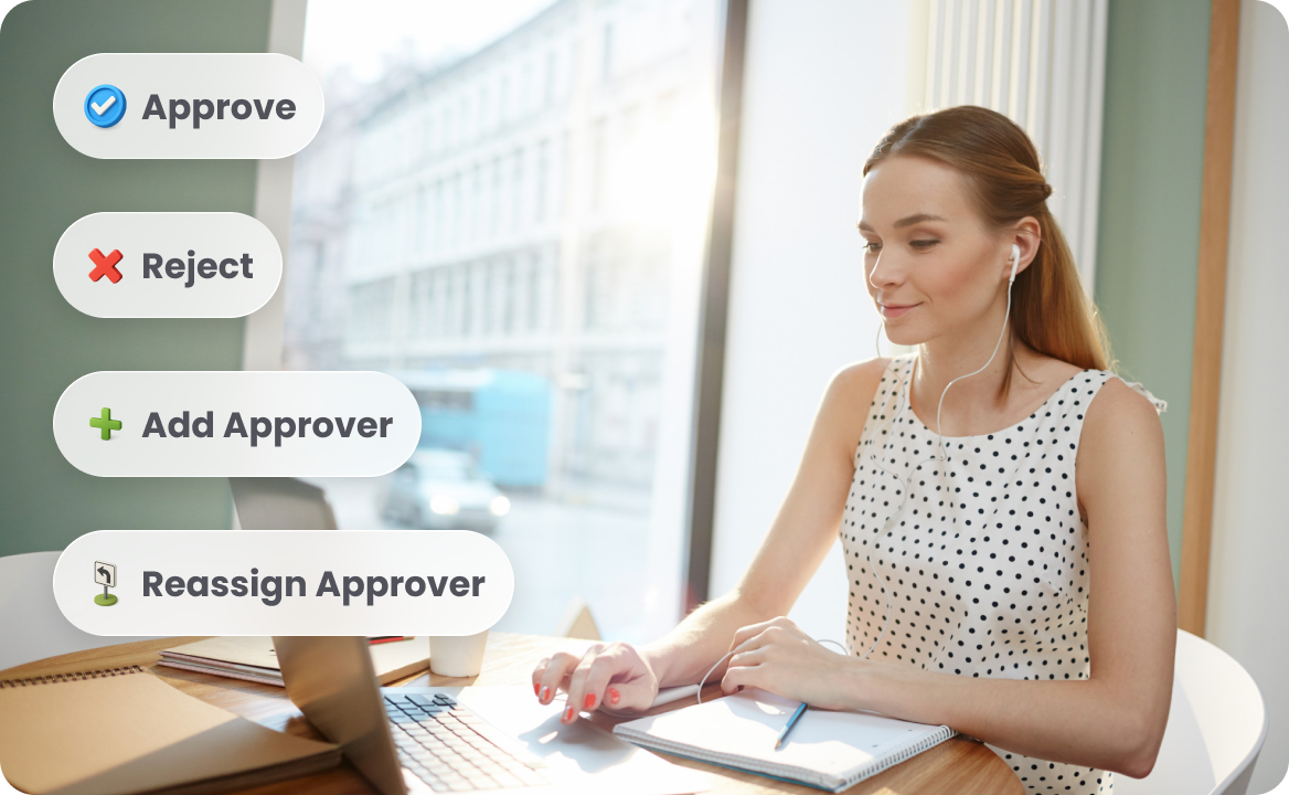 A woman works on a laptop, with approval - related options (Approve, Reject, etc.) displayed. It shows ccMonet’s expert - enabled workflow features—our team (like 财税 experts) supports SMEs in streamlining financial approval processes, backed by AI - powered tools for efficient finance management....
