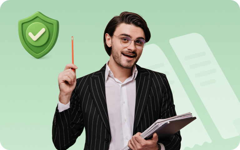 A professional in a pinstripe suit holds a notebook and pencil, with a green shield icon. He represents ccMonet’s compliance experts, leveraging AI tools to ensure SMEs’ financial data accuracy, regulatory adherence, and streamlined workflows.