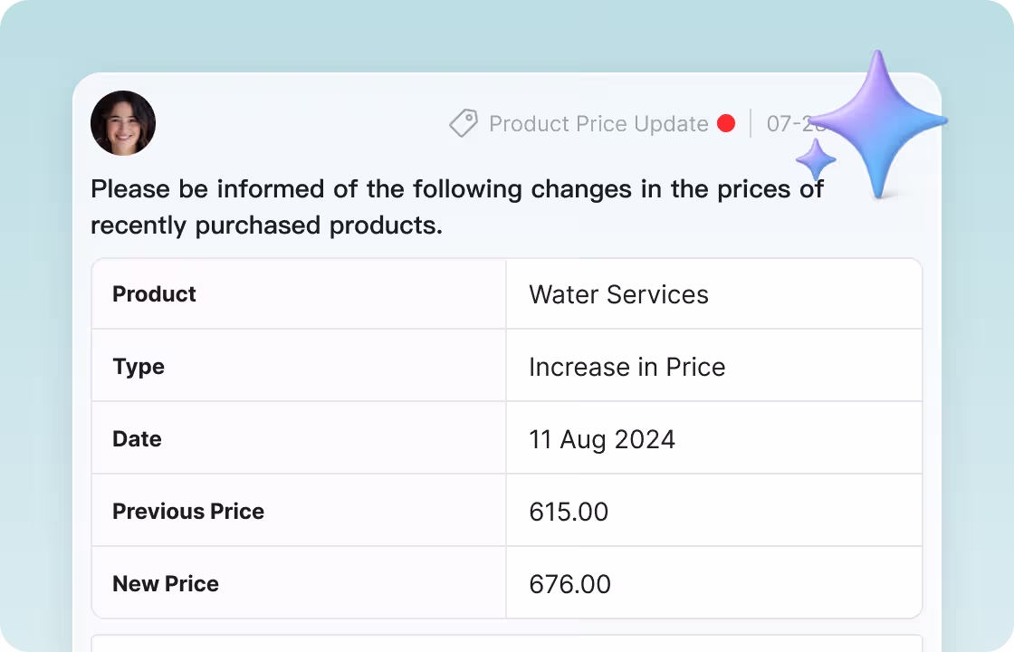 The image shows a product price - update notification for “Water Services”in ccMonet’s system. It reflects the platform’s capability to track and communicate financial changes. Backed by experts ensuring data accuracy and compliance, ccMonet supports SMEs in managing such financial updates efficiently.
