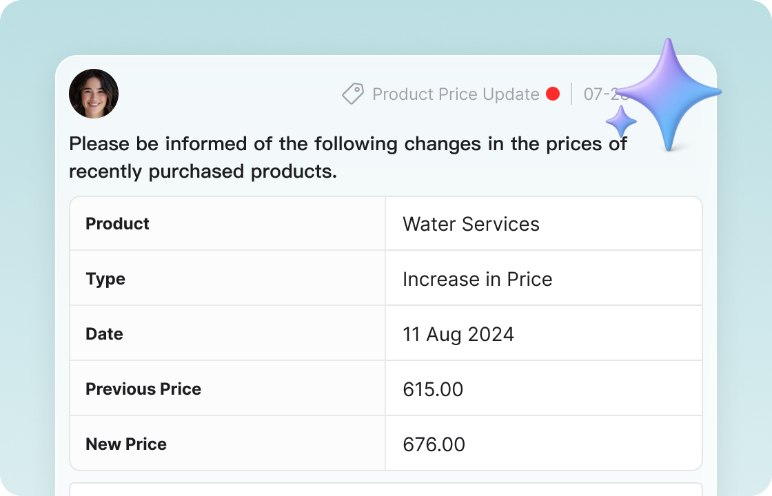 The image shows a product price - update notification for “Water Services” in ccMonet’s system. It reflects the platform’s capability to track and communicate financial changes. Backed by experts ensuring data accuracy and compliance, ccMonet supports SMEs in managing such financial updates efficiently.