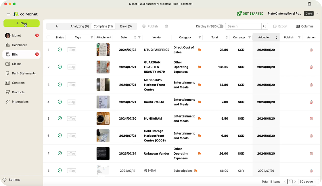 The image shows ccMonet’s bill - management dashboard, listing invoices with details like vendor, date, and amount. It highlights AI - powered financial - management tools for SMEs, streamlining tasks like expense tracking. Backed by experts (ensuring compliance, accuracy), it supports efficient financial workflows....