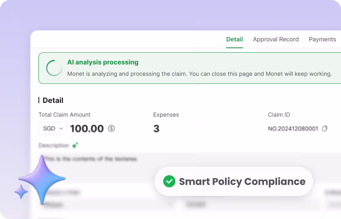 The image shows ccMonet’s AI - driven expense - claim processing interface, with “Smart Policy Compliance”tag. It highlights AI analyzing claims for policy adherence. Backed by experts ensuring financial accuracy and compliance, it streamlines efficient, compliant expense - management workflows for SMEs.