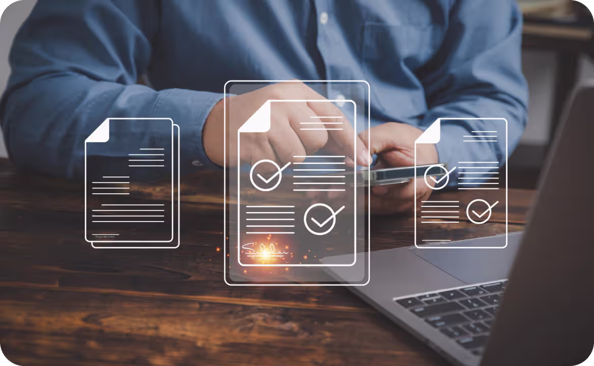 Hands use a phone to manage documents, with digital checklists overlayed. It shows ccMonet’s AI - powered tools (like real - time document handling for bookkeeping, expense checks) that help SMEs automate financial workflows, supported by expert services for compliance and business setup.