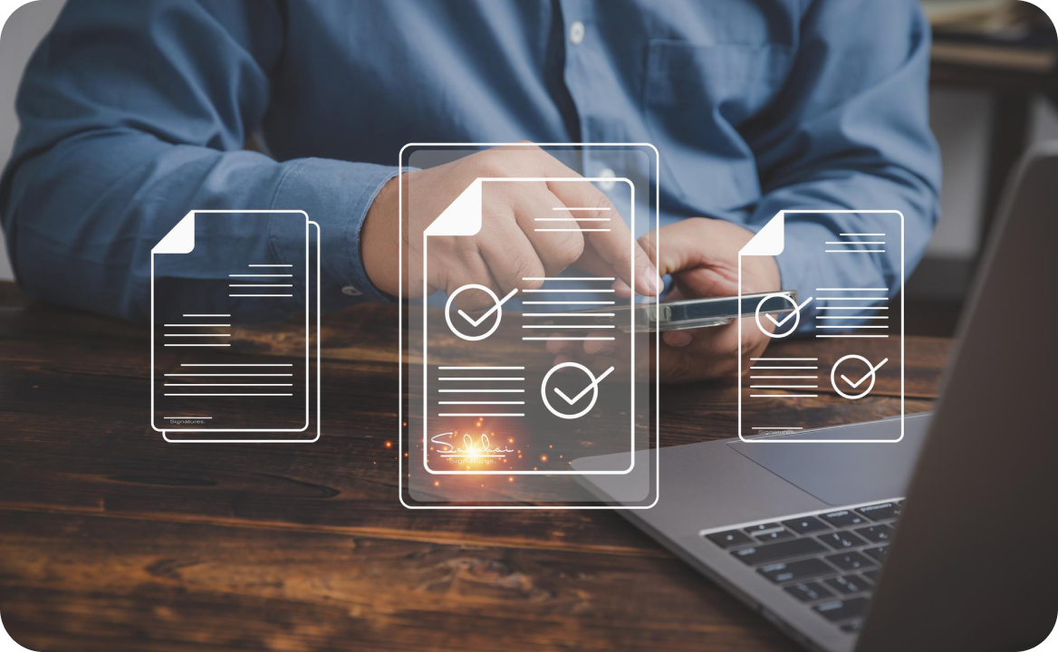 Hands use a phone to manage documents, with digital checklists overlayed. It shows ccMonet’s AI - powered tools (like real - time document handling for bookkeeping, expense checks) that help SMEs automate financial workflows, supported by expert services for compliance and business setup.