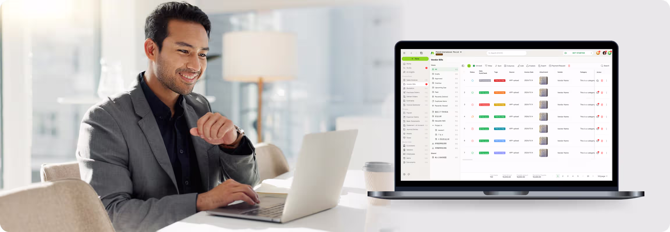A man in a suit works on a laptop, with a ccMonet interface showing vendor bills and financial workflows. He represents our experts, using AI - powered tools to help SMEs manage bookkeeping, ensure data accuracy, and streamline processes, supported by tax compliance and business registration services.