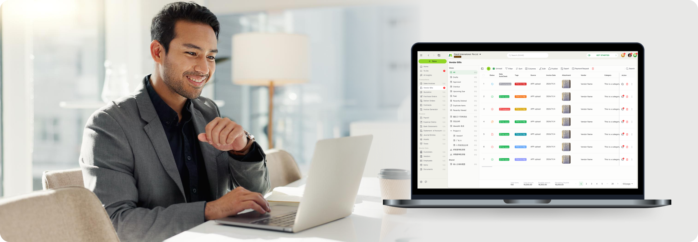 A man in a suit works on a laptop, with a ccMonet interface showing vendor bills and financial workflows. He represents our experts, using AI - powered tools to help SMEs manage bookkeeping, ensure data accuracy, and streamline processes, supported by tax compliance and business registration services.