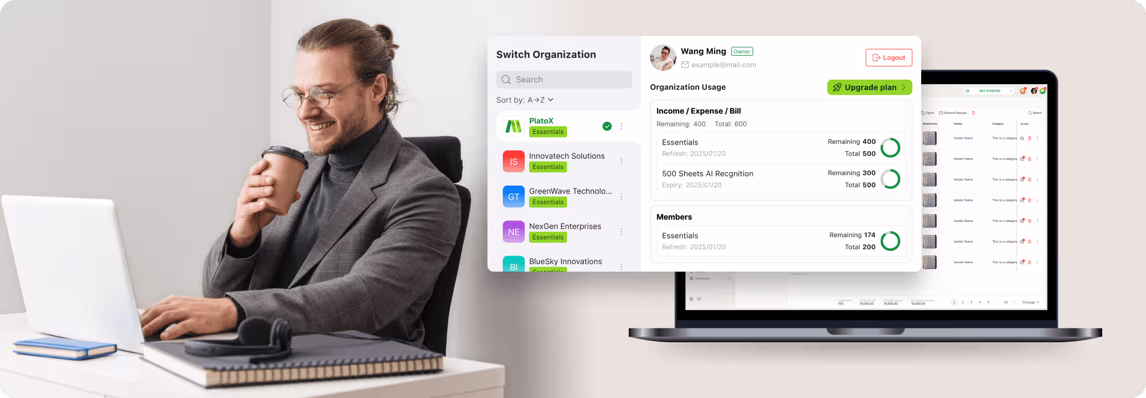 A man works on a laptop, with a ccMonet interface showing organization management (usage, plans, members). He represents our experts, using AI - powered tools to help SMEs manage finances, ensure compliance, and customize workflows, supported by tax and business registration services.