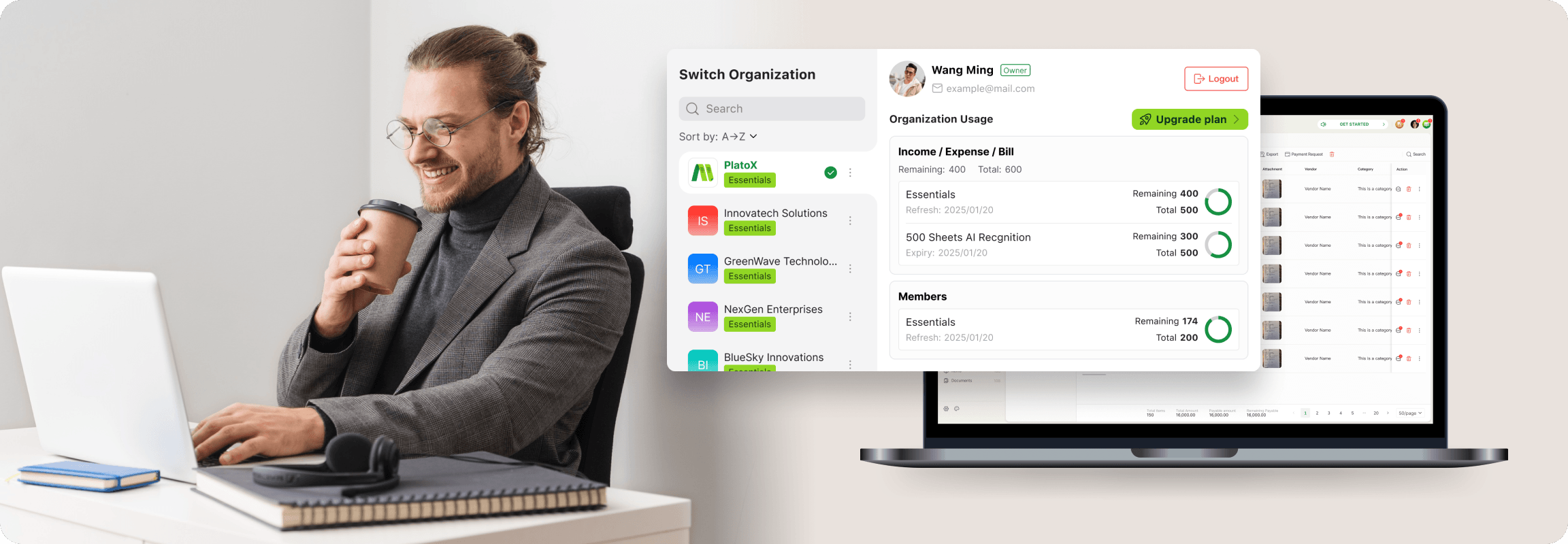 A man works on a laptop, with a ccMonet interface showing organization management (usage, plans, members). He represents our experts, using AI - powered tools to help SMEs manage finances, ensure compliance, and customize workflows, supported by tax and business registration services.