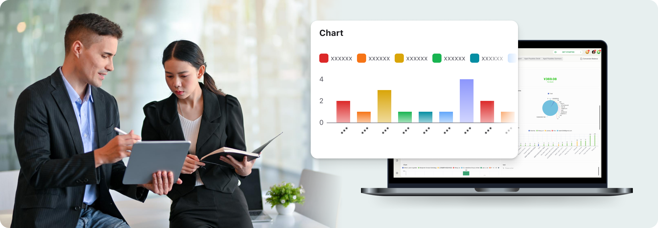 Two professionals in business attire collaborate, with financial charts/dashboards displayed. They represent ccMonet’s experts, leveraging AI - powered tools to analyze data, ensure financial accuracy, and deliver tailored workflow solutions for SMEs, supported by tax compliance and business registration services.