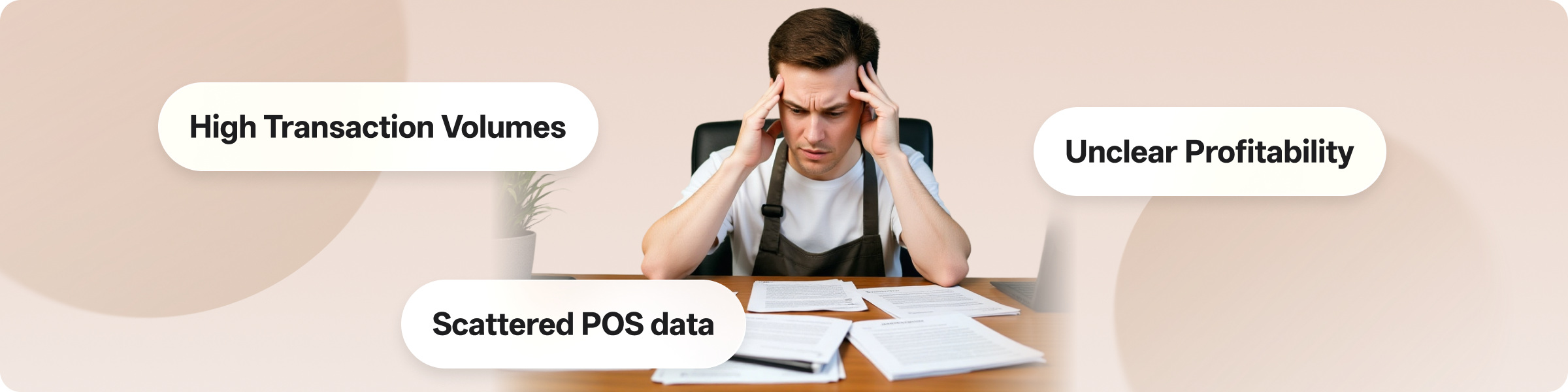 A man in an apron sits at a cluttered desk, stressed by “High Transaction Volumes,” “Unclear Profitability,” and “Scattered POS data”—common challenges for retail/service SMEs. ccMonet’s AI - powered tools (automated bookkeeping, unified dashboards) and expert services simplify these issues, enhancing financial clarity and efficiency.
