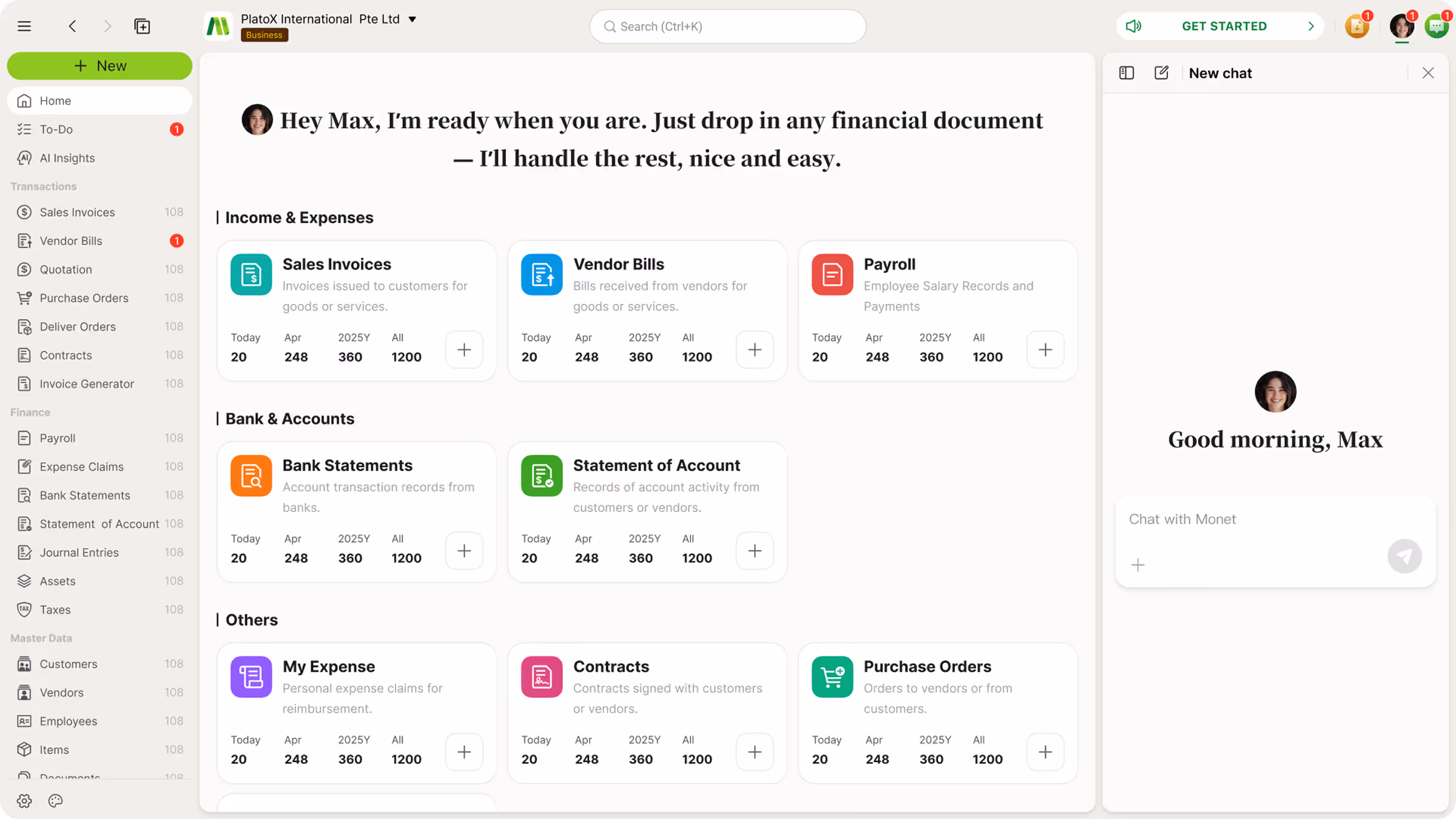 ccMonet AI automated bookkeeping dashboard showing real-time expenses and financial insights