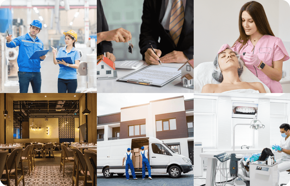 This collage shows diverse SME scenes: manufacturing, real estate, beauty, hospitality, logistics, dental. They represent SMEs across industries, highlighting ccMonet’s AI - powered financial.